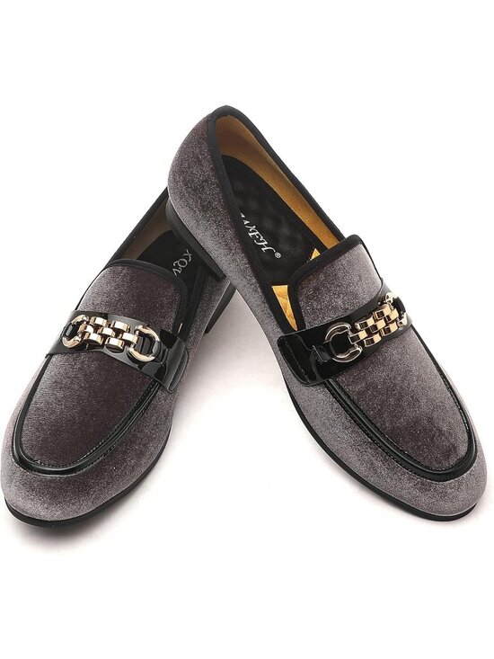 XQWFH Men\'s Gray Coffee Velvet Loafers Gold Chain Buckle Slip On Flats Shoes main image 2